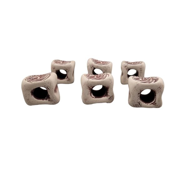 Handmade Bisque Fired Clay Beads Peacock Design Stamped Set of 6 - Picture 6 of 6